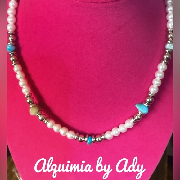 Elegant NEW Pearl and aquamarine Bead Necklace - Picture 1 of 3